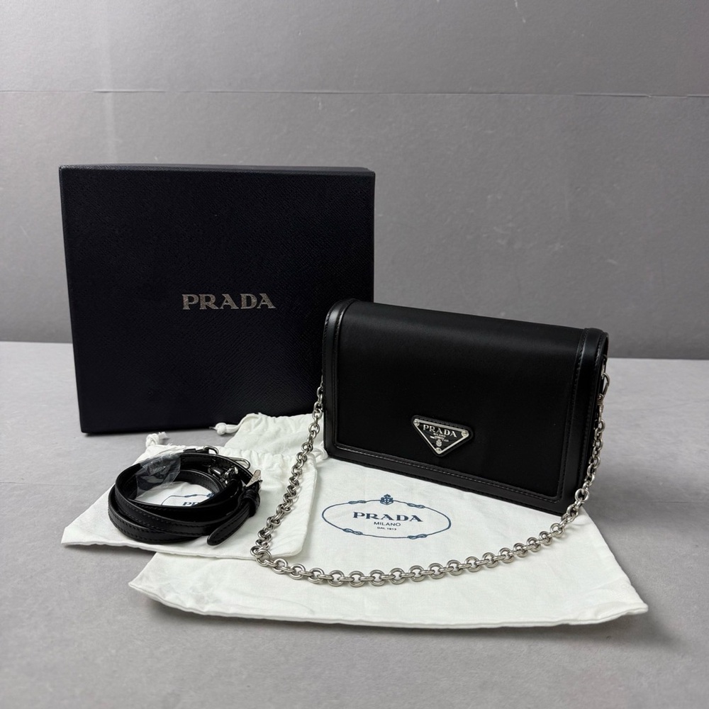 Authentic Prada Black Leather Clutch with Chain